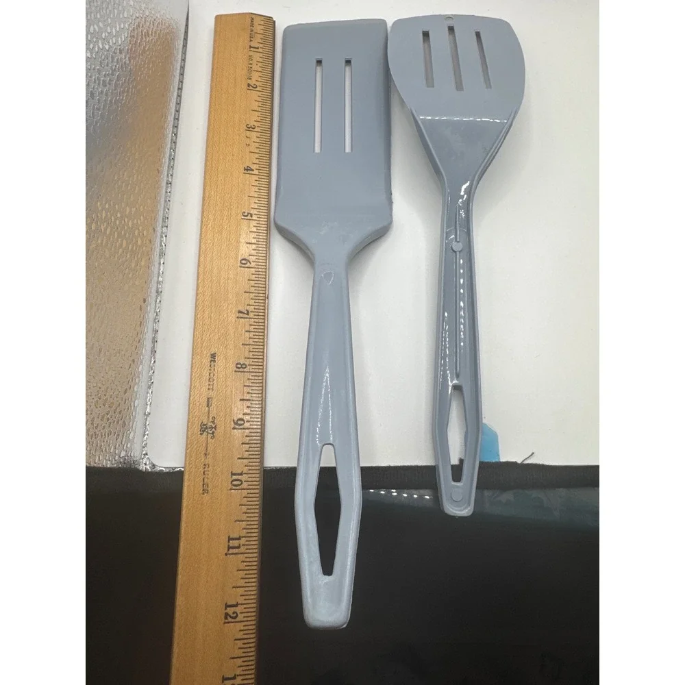 Vintage Style Blue Gray Melamine Slotted Spatula Turner Utensil Set 2 Piece